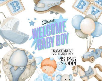 Watercolor Baby Boy Clipart: Nursery Art, Transparent PNG (Digital Download)