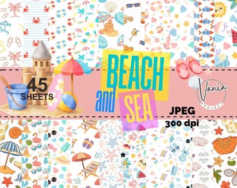 45 Fogli di carta digitale con motivi di spiaggia e mare (download digitale)