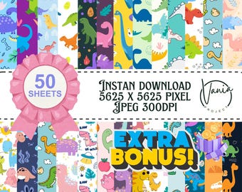 Carta per scrapbooking con dinosauri: sfondi giurassici senza soluzione di continuità (300 DPI, stampabile digitalmente)