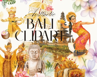 Watercolor Bali Clipart Set: Tropical Florals, Balinese Scenery (Digital Download, 300DPI PNGs)