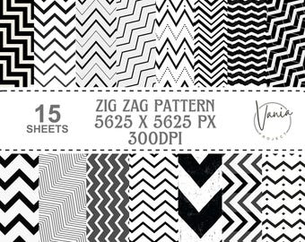 Black and White Chevron Stripes Digital Paper: Zig Zag Pattern (Digital Download)