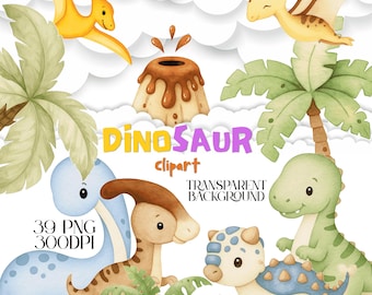 Watercolor Dinosaur Clipart: Dino Nursery Decor (39 PNGs, 300DPI) Digital Download
