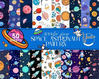 50 Kawaii Space Patterns, Astronaut, Rockets, Planets (Digital Paper)