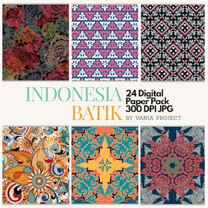 Carta digitale con motivi batik: 24 disegni etnici indonesiani (300 DPI, uso commerciale, carta per scrapbooking stampabile)