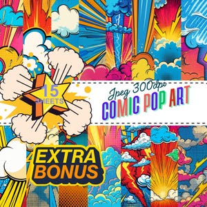 Carte digitali in stile Pop Art a tema fumetti: sfondi per album di ritagli con supereroi (300 DPI, download digitale JPEG)