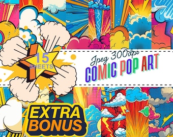 Carte digitali in stile Pop Art a tema fumetti: sfondi per album di ritagli con supereroi (300 DPI, download digitale JPEG)