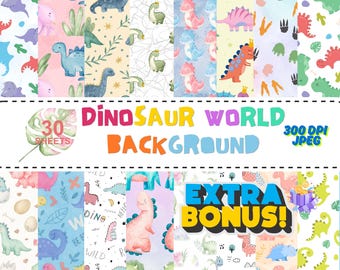 Dinosaur World Digital Paper Pack: Jurassic Scrapbook Patterns (300DPI, Digital Download