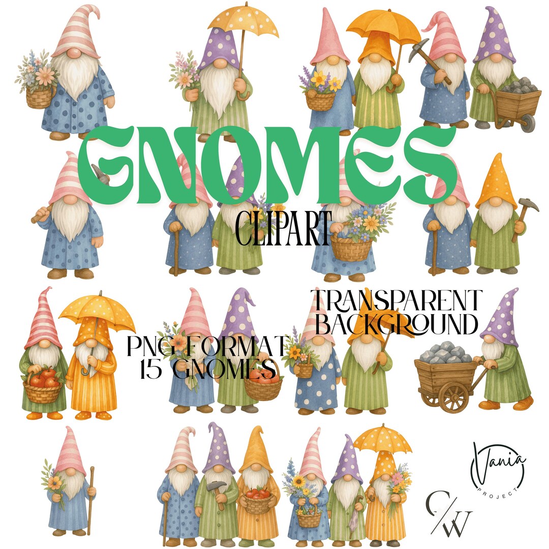 15 Gnomes Clipart, Spring Clipart, Transparent Background, Spring ...