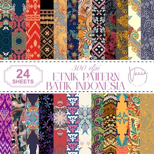 May include: A collection of 24 sheets of Indonesian batik patterns in various colors and designs. The patterns include floral, geometric, and abstract motifs. The text on the image reads "ETNIK PATTERN BATIK INDONESIA".