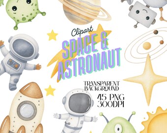 Watercolor Space Clipart: Astronaut, Planets, Rocket (300DPI, PNG Digital Download)
