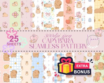 Groovy Capybara Seamless Pattern: Vintage Preppy Digital Paper (300DPI, Digital Download)
