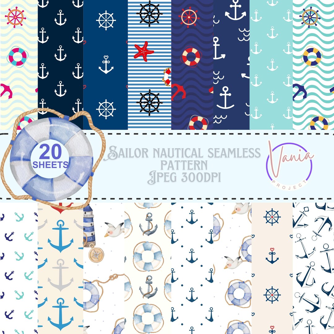 Nautical Sailor Seamless Pattern: 20 Etnik Digital Papers (300DPI ...