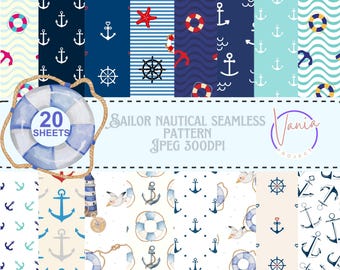 Nautical Sailor Seamless Pattern: 20 Etnik Digital Papers (300DPI, Commercial Use, Digital Download