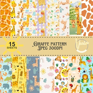 May include: A collection of 15 sheets featuring various giraffe patterns. The designs include giraffes, rainbows, suns, and other elements in a colorful palette. The text "GIRAFFE PATTERN JPEG 300DPI" is visible.