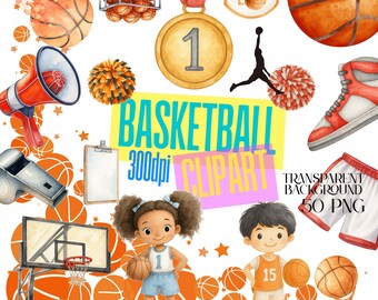 Watercolor Basketball Clipart: 50 PNG Designs for Sublimation (Digital Download)