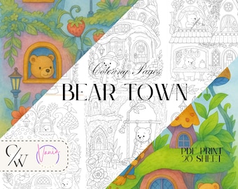 Bear Town Coloring Book: 20 Detailed Relaxation Pages (PDF Download)