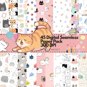 May include: A digital seamless paper pack featuring 45 patterns with various cat illustrations, paw prints, and yarn balls in pastel and neutral colors. The central text reads 45 Digital Seamless Paper Pack 300 DPI BY VANIA PROJECT.