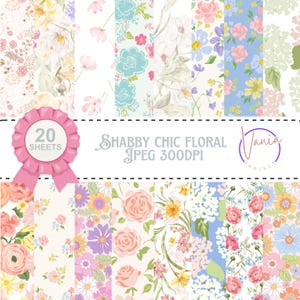 May include: A collection of 20 sheets of Shabby Chic floral patterned paper. The designs feature watercolor-style flowers in various colors, including pink, blue, yellow, and purple. The text "Shabby Chic Floral" and "JPEG 300DPI" are also visible.