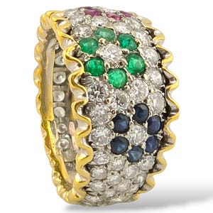Authentischer 14K Gelbgoldring mit Diamanten, Saphiren, Rubinen und Smaragden - 1.66 Diamantkaratgewicht