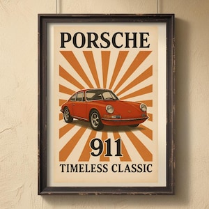 Poster Porsche 911 d&#39;epoca - Decorazione murale auto retrò, decorazione auto d&#39;epoca, stampa corse anni &#39;70, caverna per uomini, arte da garage