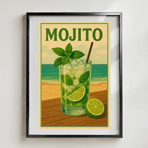 Mojito Cocktail Poster | Vintage Travel Style Wall Art | Summer Bar Decor | Retro Kitchen Print | Tropical Drink Illustration