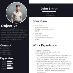 May include: A black and white resume with a headshot of a man in a white shirt and black jacket. The resume is for John Smith, an IT Support Technician. The resume includes contact information, work experience, education, and skills.