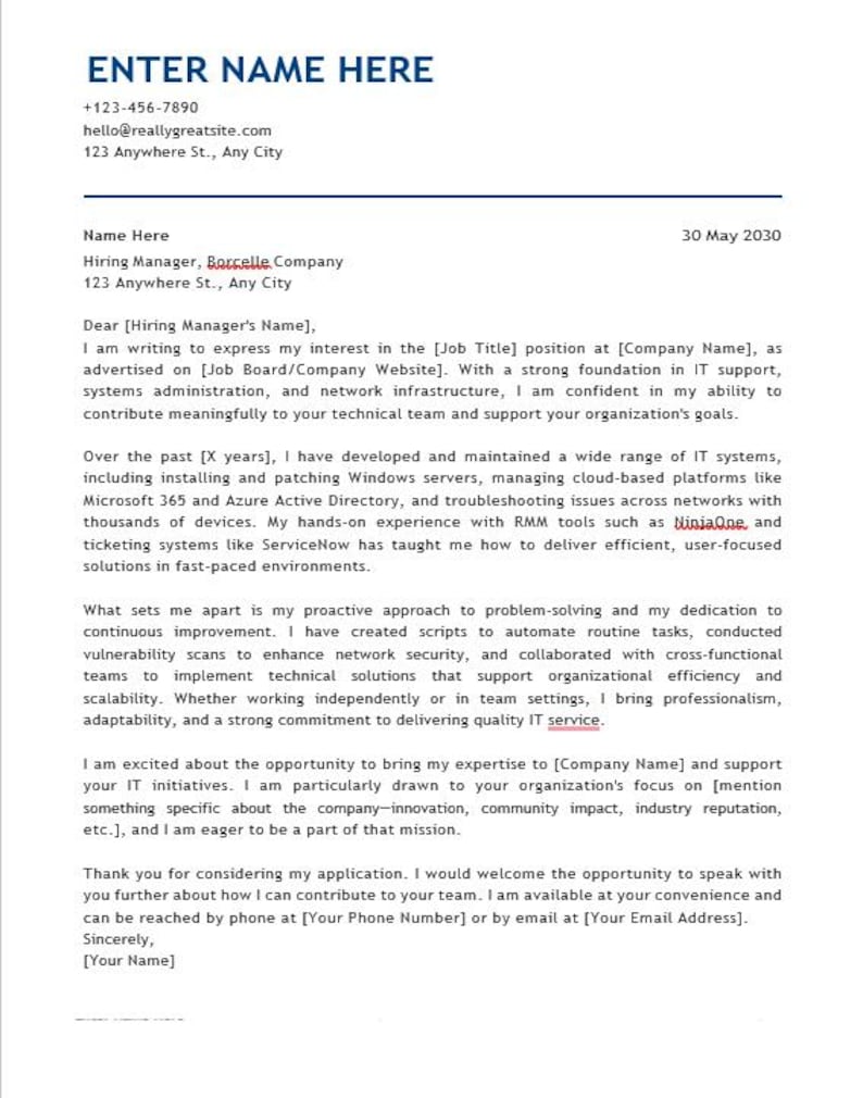 Ats-friendly IT Cover Letter Template – Microsoft Word & Google Docs ...