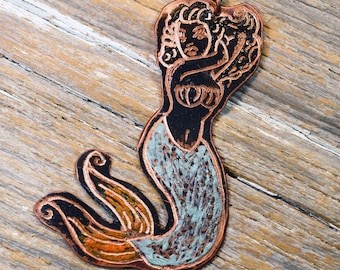 Vintage Natical Mermaid Tattoo Sailor Jerry Necklace Hand Engraved & Heat Patinaed, Classic Tatto Flash Inspired: Inkd49