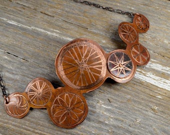 Bike Wheel Statement Necklace -  Hand Engraved Bicycling Obsessed Copper Coller Necklace : Bike7