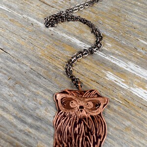 以下が含まれることがあります： 銅色のフクロウペンダントネックレス、暗いチェーン付き。 フクロウのペンダントは、メガネと質感のある羽を備えた詳細なデザインが特徴です。 ネックレスは、風化した木製の表面に表示されています。
