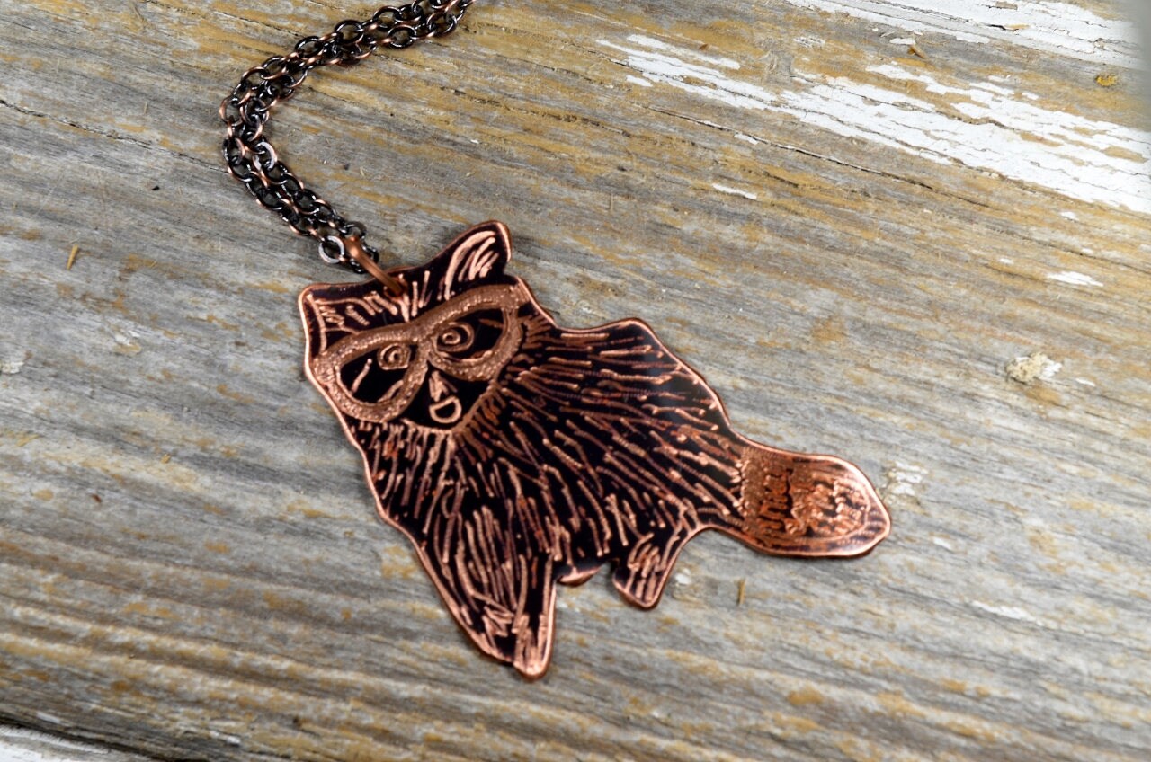 Copper Racoon Raccoon with Glasses Hand Engraved Necklace in Copper - Hand Sketched ...
