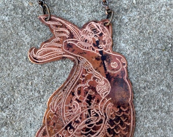 Vintage Natical Mermaid Tattoo "Forget Me Not" Sailor Jerry Necklace : Hand Engraved & Heat Patinaed, Classic Tatto Flash Inspired