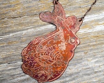 Vintage Natical Mermaid Tattoo "Forget Me Not" Sailor Jerry Necklace : Hand Engraved & Heat Patinaed, Classic Tatto Flash Inspired