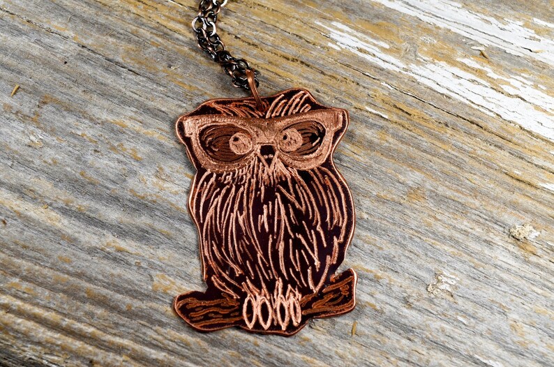 以下が含まれることがあります： メガネをかけた銅色のフクロウのペンダント。銀色のチェーンに吊り下げられています。フクロウはエッチングされた線で詳細に描かれており、ペンダントは風化した木製の背景に配置されています。フクロウは枝にとまっています。