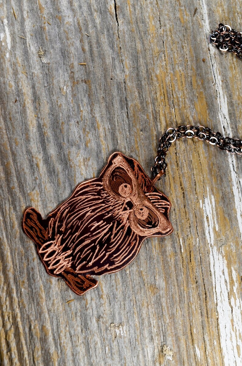 以下が含まれることがあります： 銅色のフクロウペンダントネックレス。フクロウのペンダントは、詳細なエッチングラインで装飾され、暗いチェーンから吊り下げられています。 ネックレスは、風化した木製の表面に表示されています。