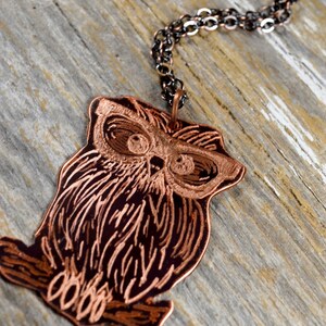 以下が含まれることがあります： 銅色のフクロウペンダントネックレス。ペンダントは、詳細な羽と目のマーキングが施されたエッチングされたフクロウのデザインが特徴です。ネックレスは濃い色のチェーンで、風化した木製の表面に表示されています。