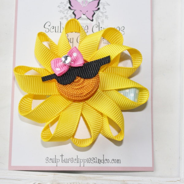 Sun Ribbon Sculpture Bow. Summer Sun Clip. Yellow Sun with Sunglasses Sculpture Ribbon Hair Clip.  Free Ship Promo.