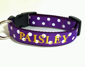 Purple Polka Dot Dog Collar - Personalized Dog Collar- Embroidered Dog Collar