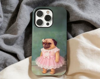 Cute Pug Dog Phone Case, Funny Cartoon Pet,Vintage Art Aesthetic, iPhone 16 15 14 13 12 11 Mini Pro Pro Max Samsung 23 Plus Ultra