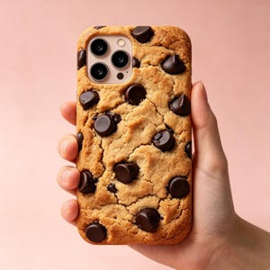 May include: A phone case with a realistic chocolate chip cookie design. The case is tan with dark brown chocolate chips. The phone's camera lenses are visible. The case is held in a hand against a pink background.