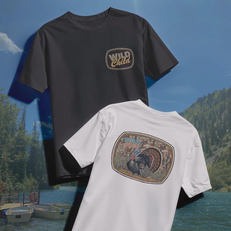 May include: Two t-shirts, one black and one white, with the text "Wild Child". The black shirt has the text on the front. The white shirt has a turkey graphic on the back with the text "Wild Child".