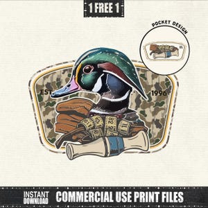 Llamador de pato PNG, diseño de camuflaje para caza de patos, imágenes prediseñadas rústicas para exteriores, el sueño del cazador de patos voladores, descarga digital