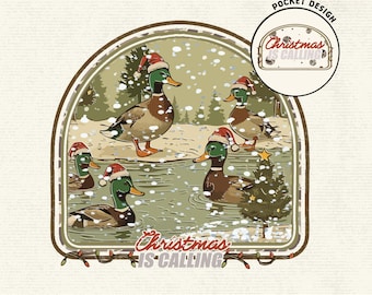 May include: A digital illustration featuring ducks wearing Santa hats in a snowy pond scene. The text "Christmas is Calling" is displayed below the ducks, with a pocket design option. The image includes a Christmas tree and falling snow.
