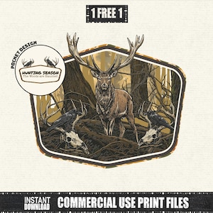 May include: A graphic illustration featuring a central stag with large antlers standing in a forest, flanked by two deer skulls with black ravens perched on them. A circular pocket design insert reads HUNTING SEASON The Woods are Haunted.