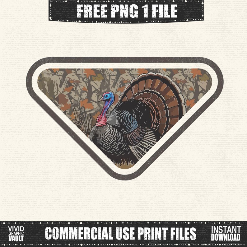May include: A triangular graphic featuring a detailed illustration of a wild turkey with a vibrant blue head, red wattle, and fanned tail feathers. The background shows a camouflage pattern with fall foliage. The text "FREE PNG 1 FILE" and "COMMERCIAL USE PRINT FILES" are displayed.
