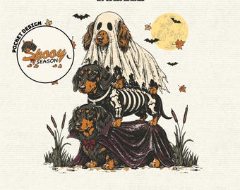 Spooky Season PNG, Halloween Dachshund Sublimation, Ghost Skeleton Vampire Weiner Dog, Cute Spooky Halloween Graphic, Digital Download