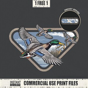 May include: A graphic design featuring three flying ducks with green heads, blue wings, and brown bodies. The ducks are set against a backdrop of a blue sky and marsh grass within a brown triangle. The text "1 FREE 1" and "POCKET DESIGN" are also present.