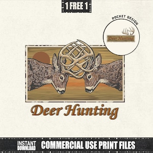 Könnte beinhalten: Illustration von zwei Hirschen mit verschlungenen Geweihen vor einem Sonnenuntergang. Der Schriftzug "Deer Hunting" ist in einer dekorativen Schriftart dargestellt. Zusätzlicher Text enthält "1 FREE 1" und "COMMERCIAL USE PRINT FILES".