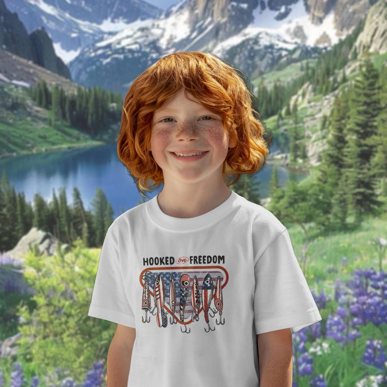 May include: A white t-shirt with the words "HOOKED ON FREEDOM" and a graphic of fishing lures in an American flag design. The shirt is worn by a person with red hair, smiling against a backdrop of mountains and a lake.