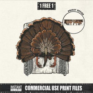 May include: A detailed illustration of a turkey with its tail feathers fanned out, set against a wooden background. The design includes the text "Wild Turkey" and "1 FREE 1". The image is labeled "Instant Download" and "Commercial Use Print Files".